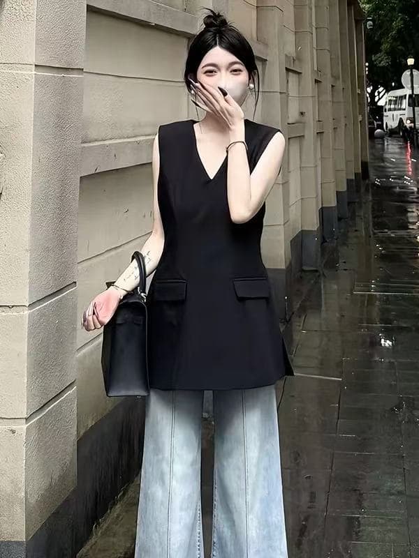 한 부서 패션 디자인 센스 V넥 정장 베스트 조끼 여성 여름 허리 수축 슬림해 보이는 외국 가스 품격 맨위 트렌디 이미지 4
