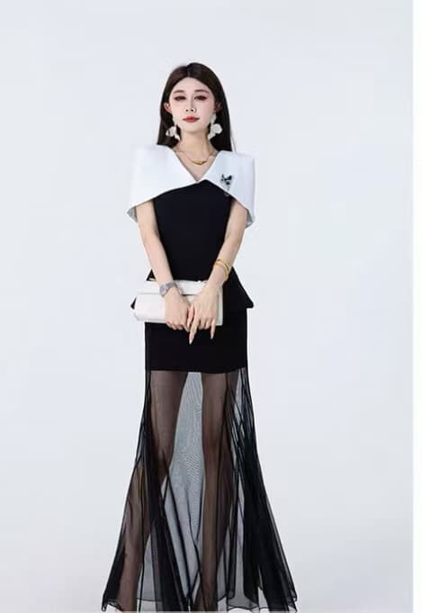 플로트 하나 여름 2026 여름 품격 패션 프랑스식 디자인 센스 배색 패치워크 맨위 반신 치마 세트 이미지 3