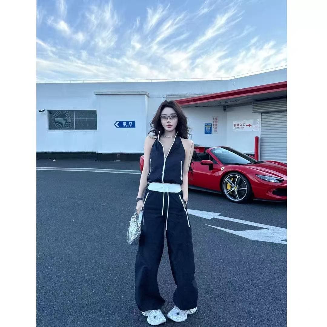 원 유안 오프라인 상태 여름 착용 가져 가라. 세트 여성 한 부서 민소매 맨위 검정색 캐주얼 바지 두 조각 여성 세트 이미지 3