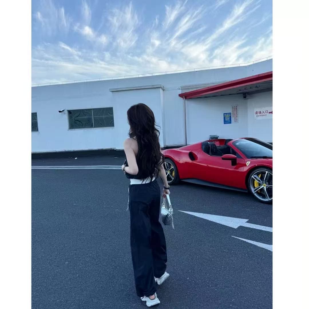 원 유안 오프라인 상태 여름 착용 가져 가라. 세트 여성 한 부서 민소매 맨위 검정색 캐주얼 바지 두 조각 여성 세트 이미지 6