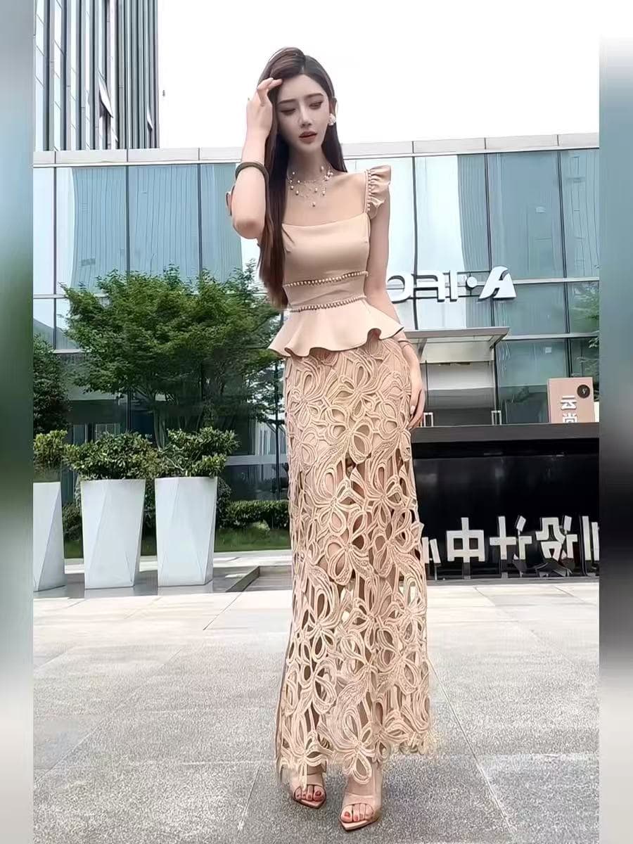 빛 럭셔리 고급 센스 Feifei 소매 조끼 물결무늬 밑단 디자인 맨위 홀로우 아웃 꽃 롱 스커트 패션 세트 여성 여름 상세 이미지 5