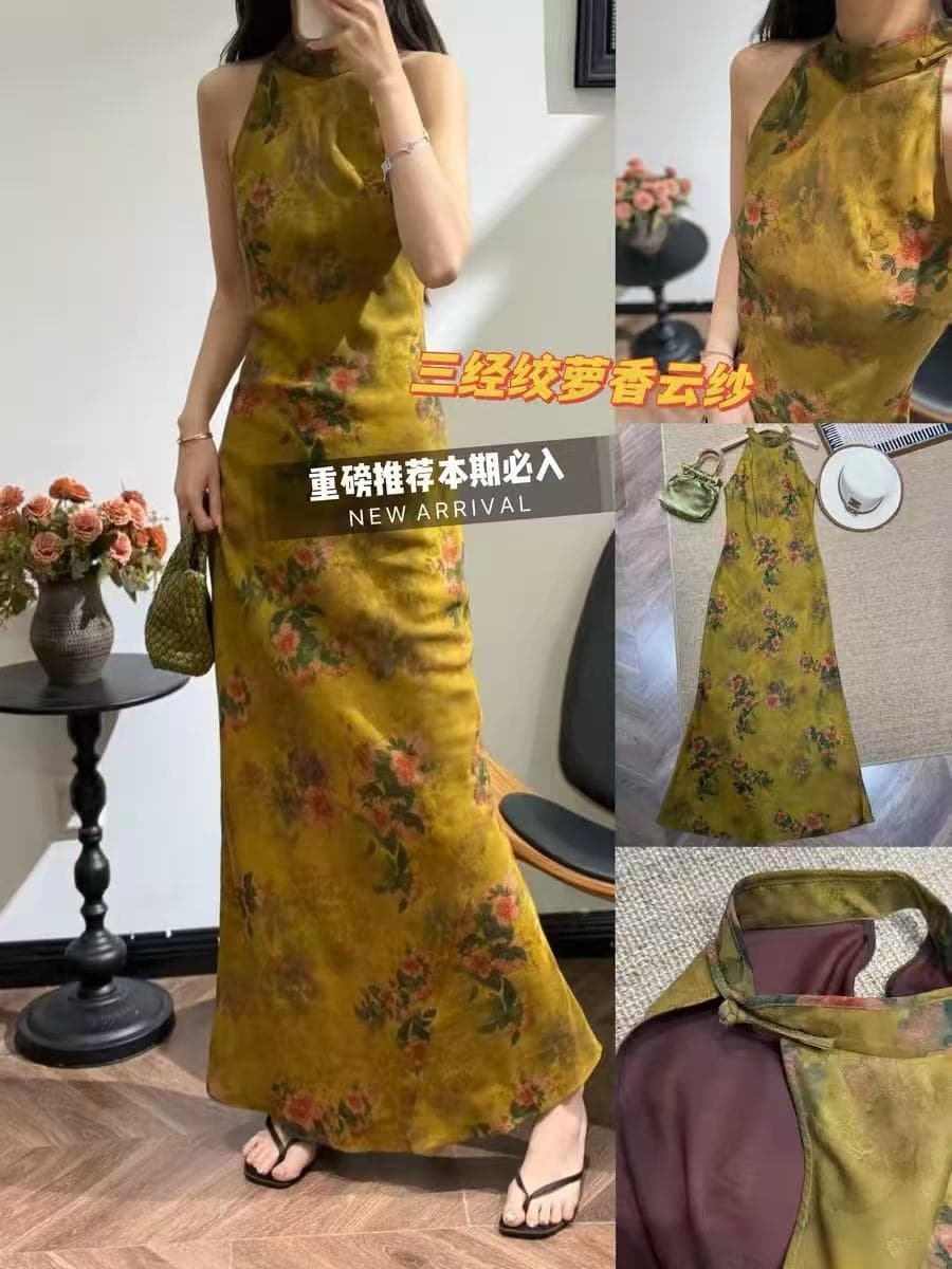고급 품격 여자 2026 여름 새로운 중식 국풍 치파오 자카드 실크 샹윈사 여성 드레스 상세 이미지 1