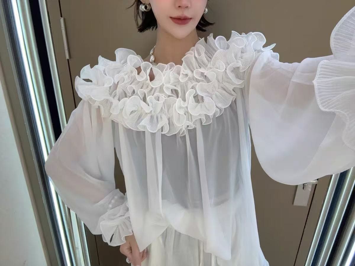 프랑스식 오프숄더 긴팔 쉬폰 여성 셔츠 2026 새로운 프릴 벌룬 소매 셔츠 시스루 얇은 스타일 맨위 상세 이미지 4