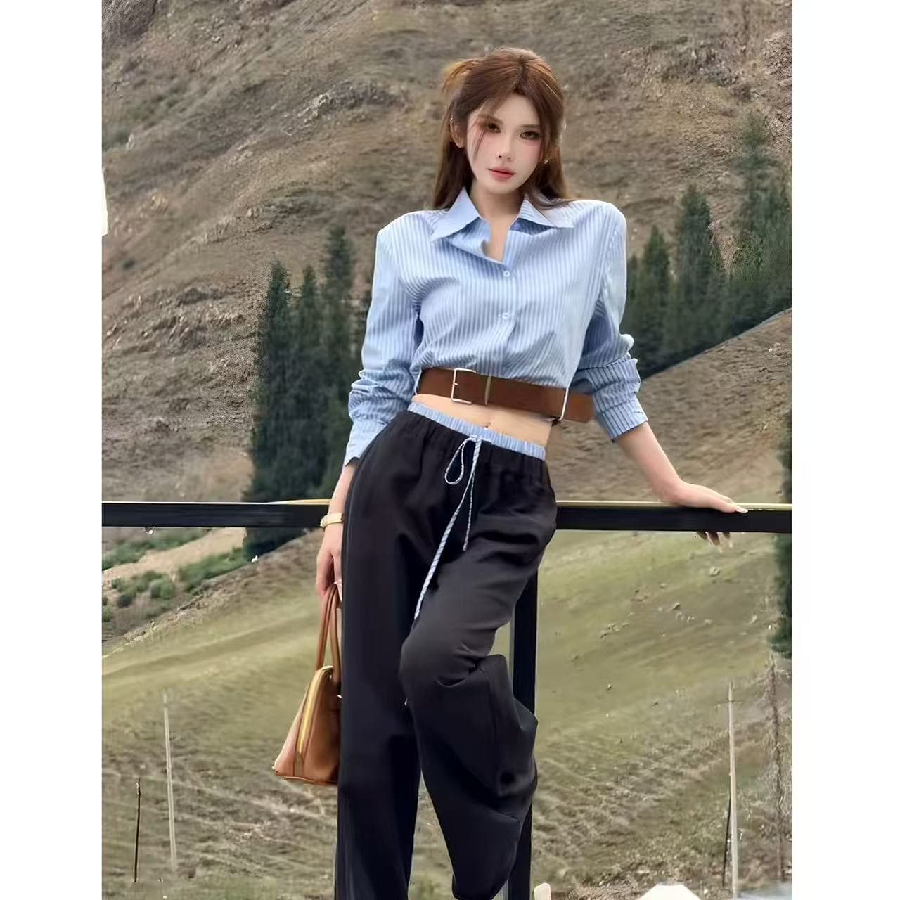 한 부서 이른 가을 패션 세트 여성 다용도 파란색 스트라이프 POLO 칼라 쇼트 스타일 셔츠 하이웨이스트 배색 와이드 레그 팬츠 이미지 2