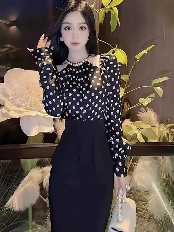 가을 프랑스식 레트로 우아함 도트 무늬 행침 목 오프숄더 긴팔 맨위 여성 프릴 하이웨이스트 반신 스커트 투피스 세트 이미지 2