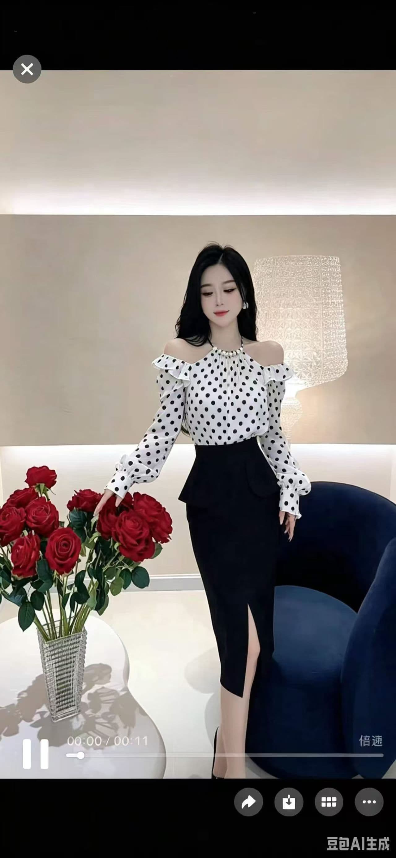 가을 프랑스식 레트로 우아함 도트 무늬 행침 목 오프숄더 긴팔 맨위 여성 프릴 하이웨이스트 반신 스커트 투피스 세트 상세 이미지 7