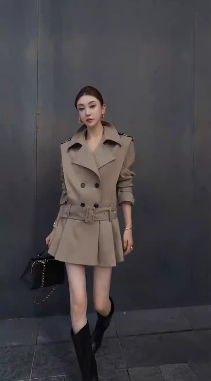 한 부서 빅 사이즈 바람막이 여성 드레스 가을 2026 새로운 이중 버튼 폴로 칼라 재킷 치마 루즈핏 한 마디 플리츠 스커트 상세 이미지 2