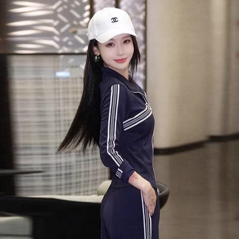 한 부서 운동 바람 패션 세트 여성 가을 겨울철 스트라이프 폴로 칼라 긴팔 후드티 하이웨이스트 넓은 다리 길이 바지 투피스 세트 상세 이미지 6