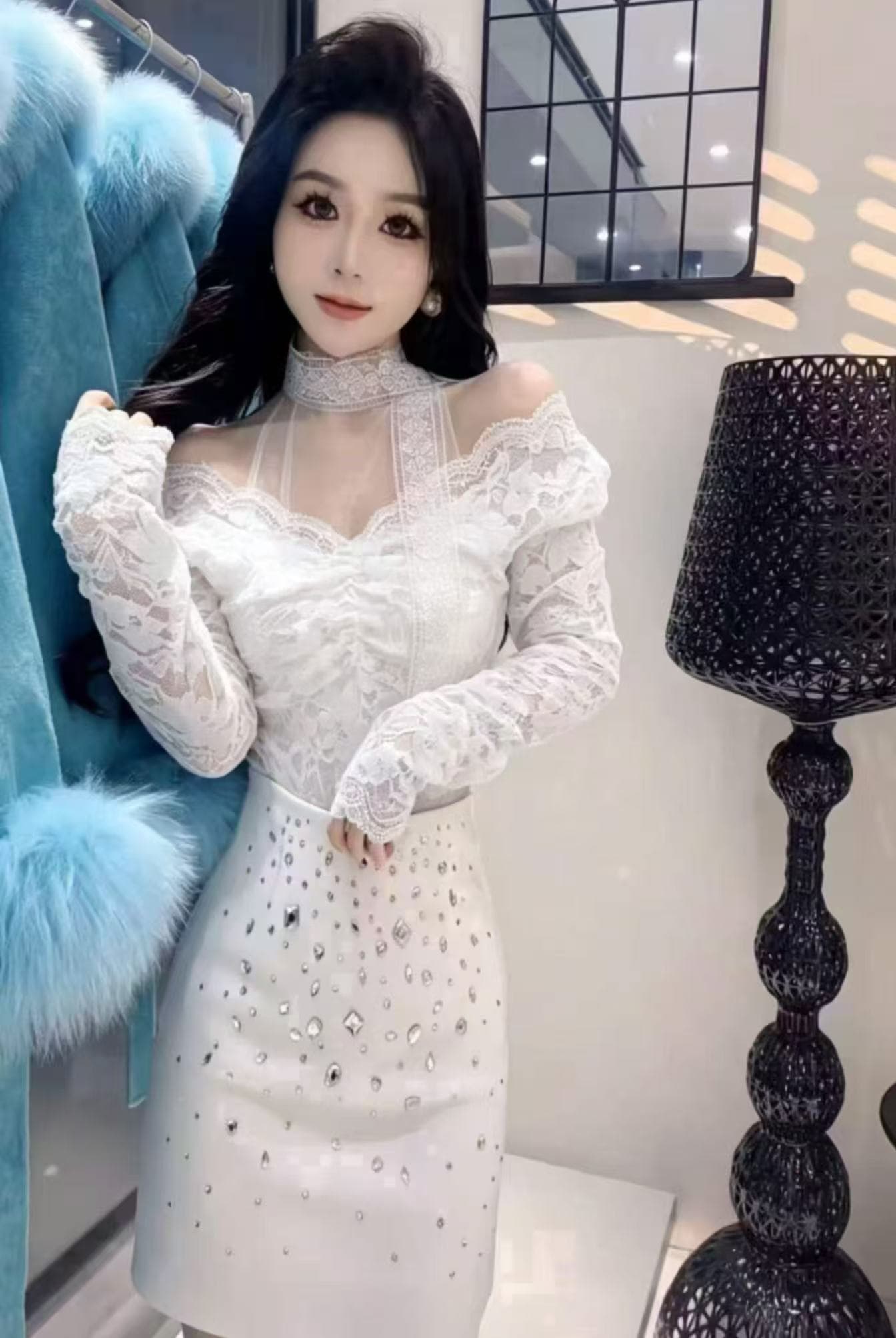 순수한 욕망 바람 핫걸 섹시함 V넥 레이스 셔츠 여성 가을 겨울철 외국 가스 비즈 박기 리본 긴팔 만나는 티셔츠 맨위 상세 이미지 3