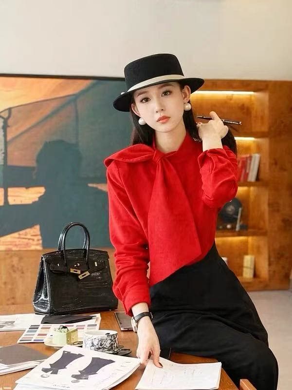 md 에 따르면 Connaught 바다 측면 심장 언어 2026 새로운 패션 캐주얼 다용도 품격 나비 매듭 긴팔 여성 맨위 상세 이미지 8