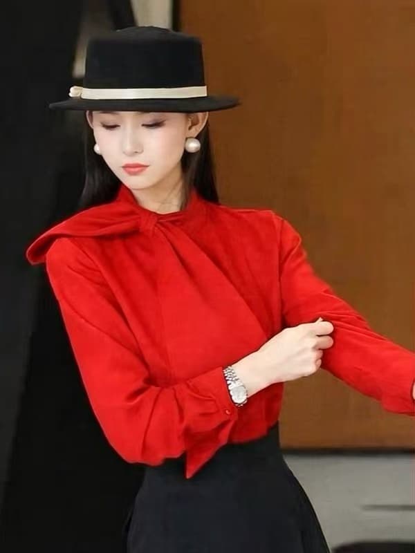 md 에 따르면 Connaught 바다 측면 심장 언어 2026 새로운 패션 캐주얼 다용도 품격 나비 매듭 긴팔 여성 맨위 상세 이미지 9
