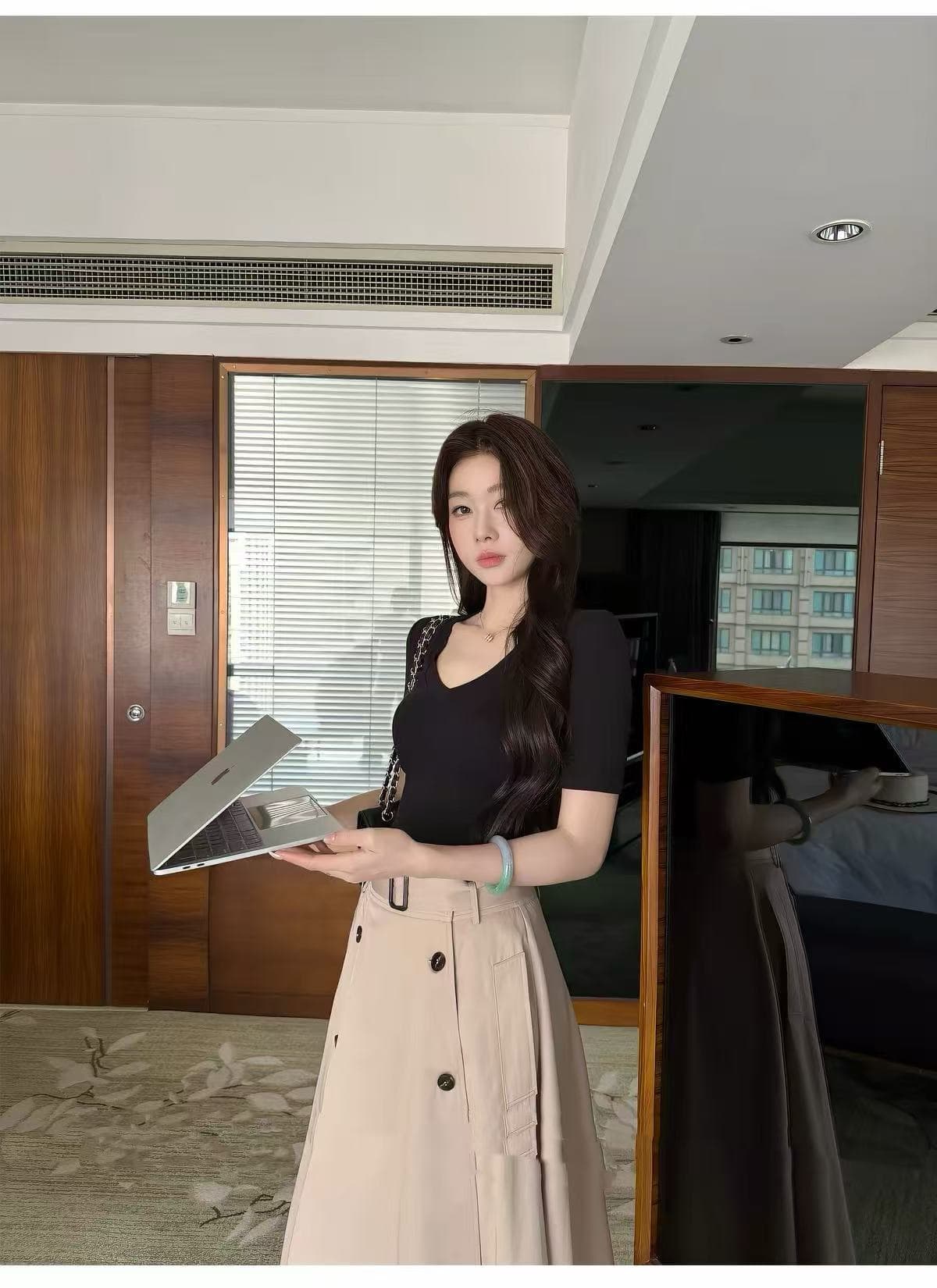 예약하기 어둡고 조용한 상하이 여자 일러스트레이션 영국식 바람 반신 스커트 여성 여름 캐주얼 미니멀리즘 반 스커트 상세 이미지 6