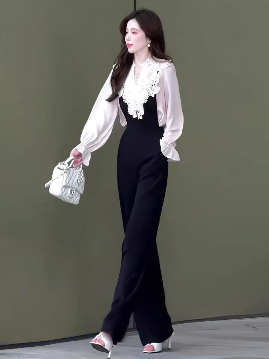 2026 이른 가을 새로운 레이스 조각 셔츠 멜빵 바지 두 조각 여성 세트 지성 우아함 품격 하이웨이스트 넓은 다리 세트 상세 이미지 5