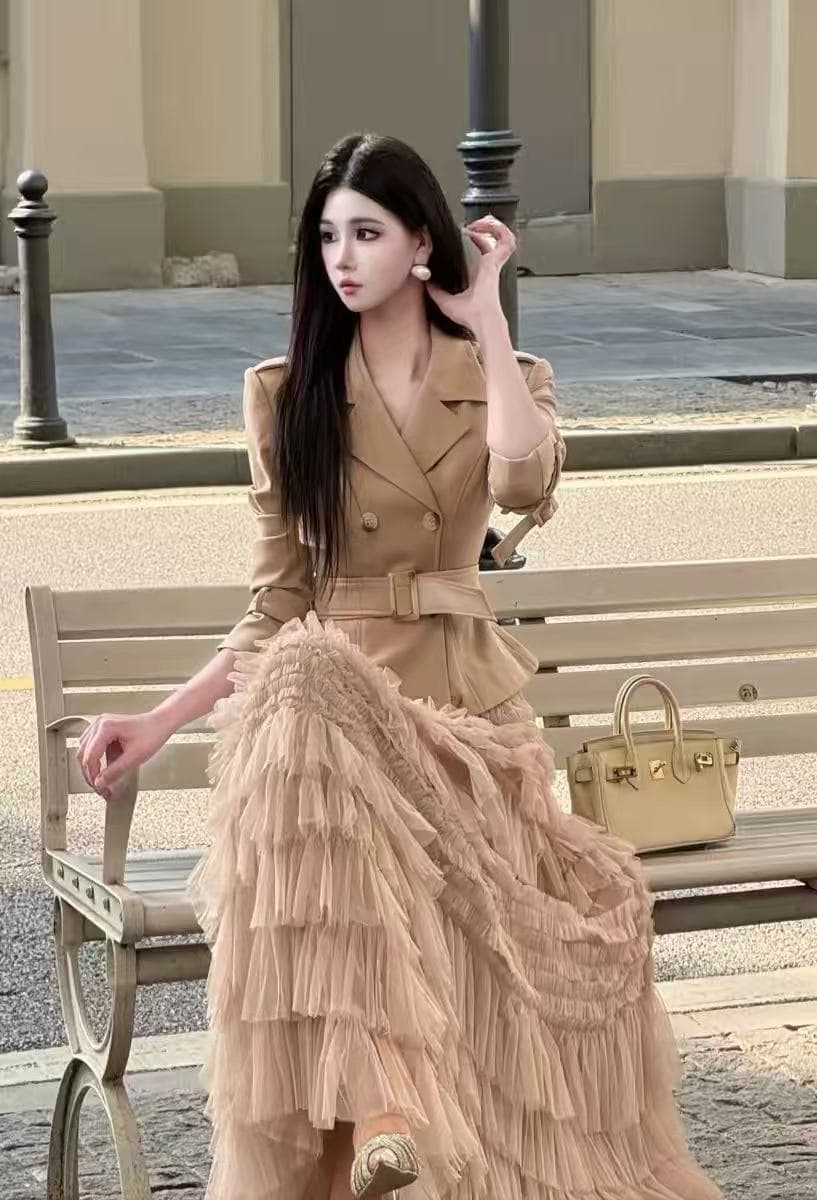 인터넷 유명인 폭발 이른 가을 새로운 짧은 외투 품격 몸매 가꾸기 작은 양복 망사 케이크 롱 스커트 반신 치마 세트 상세 이미지 5