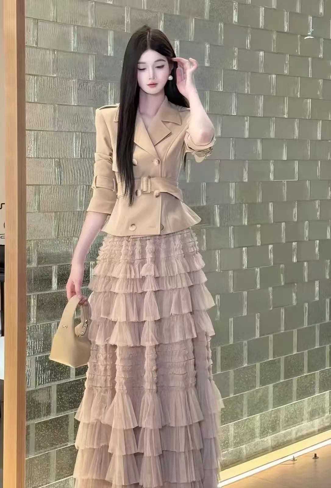 인터넷 유명인 폭발 이른 가을 새로운 짧은 외투 품격 몸매 가꾸기 작은 양복 망사 케이크 롱 스커트 반신 치마 세트 상세 이미지 6