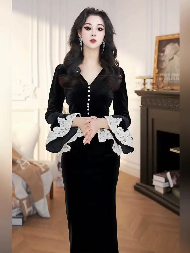 품격 검정색 레트로 레이스 슬림해 보이는 인어 꼬리 스커트 불규칙 벨벳 맨위 반신 스커트 투피스 세트 세트 이미지 3