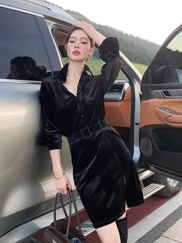 빛 요리 한 바람 품격 로얄 자매 폴로 칼라 검정색 벨벳 드레스 2026 가을 겨울 새로운 고급 허리 수축 미니 스커트 여성 의류 이미지 5