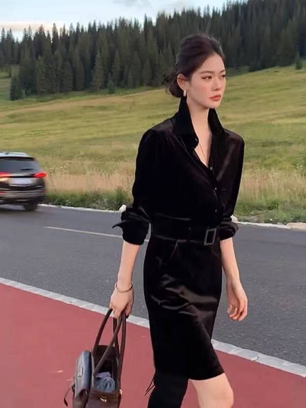 빛 요리 한 바람 품격 로얄 자매 폴로 칼라 검정색 벨벳 드레스 2026 가을 겨울 새로운 고급 허리 수축 미니 스커트 여성 의류 상세 이미지 5