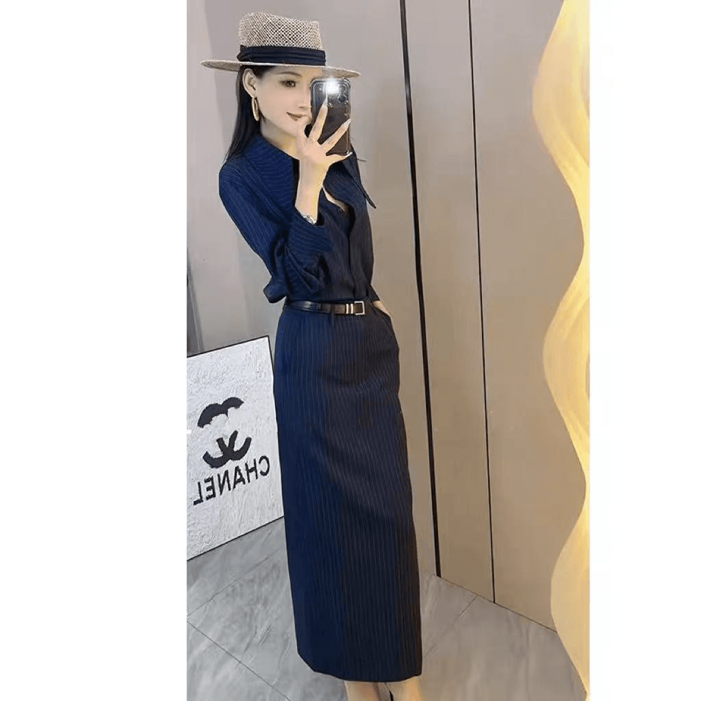 2026 이른 가을 새로운 품격 다용도 높음 지혜 바람 세련된 유럽과 미국 스트라이프 셔츠 불규칙 반신 스커트 투피스 세트 이미지 5