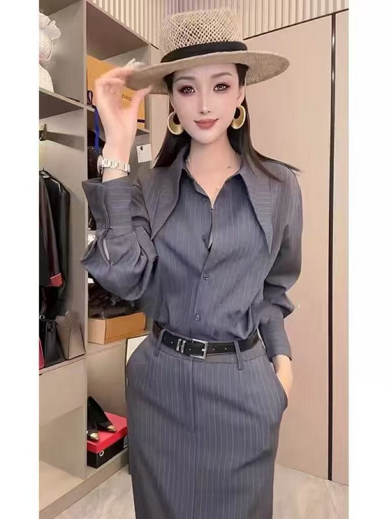 2026 이른 가을 새로운 품격 다용도 높음 지혜 바람 세련된 유럽과 미국 스트라이프 셔츠 불규칙 반신 스커트 투피스 세트 상세 이미지 1