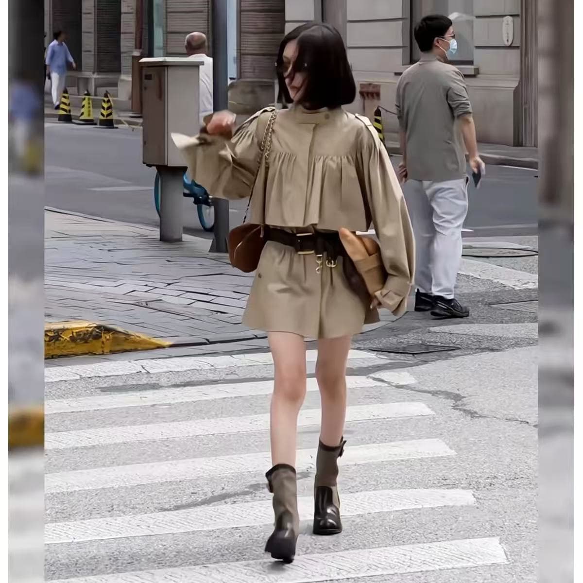프랑스식 품격 가을 작은 대중 스탠드 칼라 펌프 Pleat 쇼트 스타일 바람막이 레트로 허리 수축 빛 작은 키 루즈핏 싱글 조각 재킷 상세 이미지 7