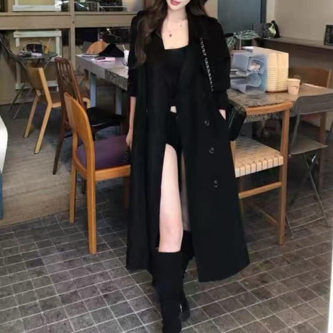 캐러멜 브라운 레트로 이중 버튼 스웨이드 원단 바람막이 여성 2026 봄 가을 중간 길이 레이스업 슬림해 보이는 고급 센스 재킷 이미지 6
