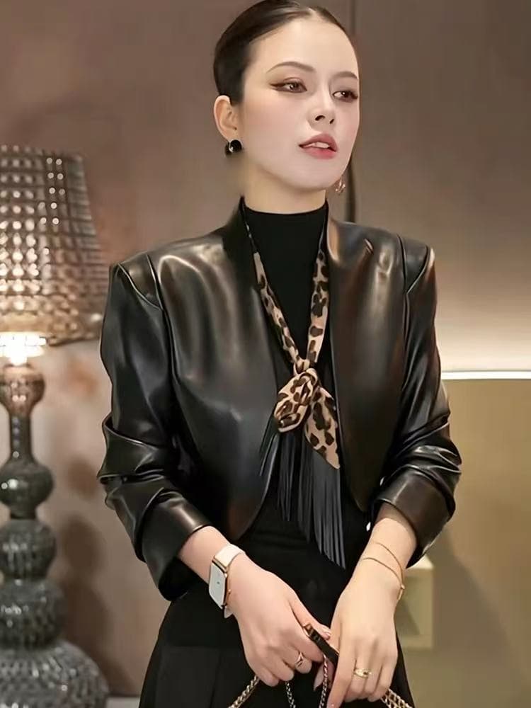 올해 인기 ~ 중 폭발 여성 의류 가을 2026 새로운 검정색 오토바이 가죽 재킷 여성 고급 센스 짧은 외투 맨위 이미지 3