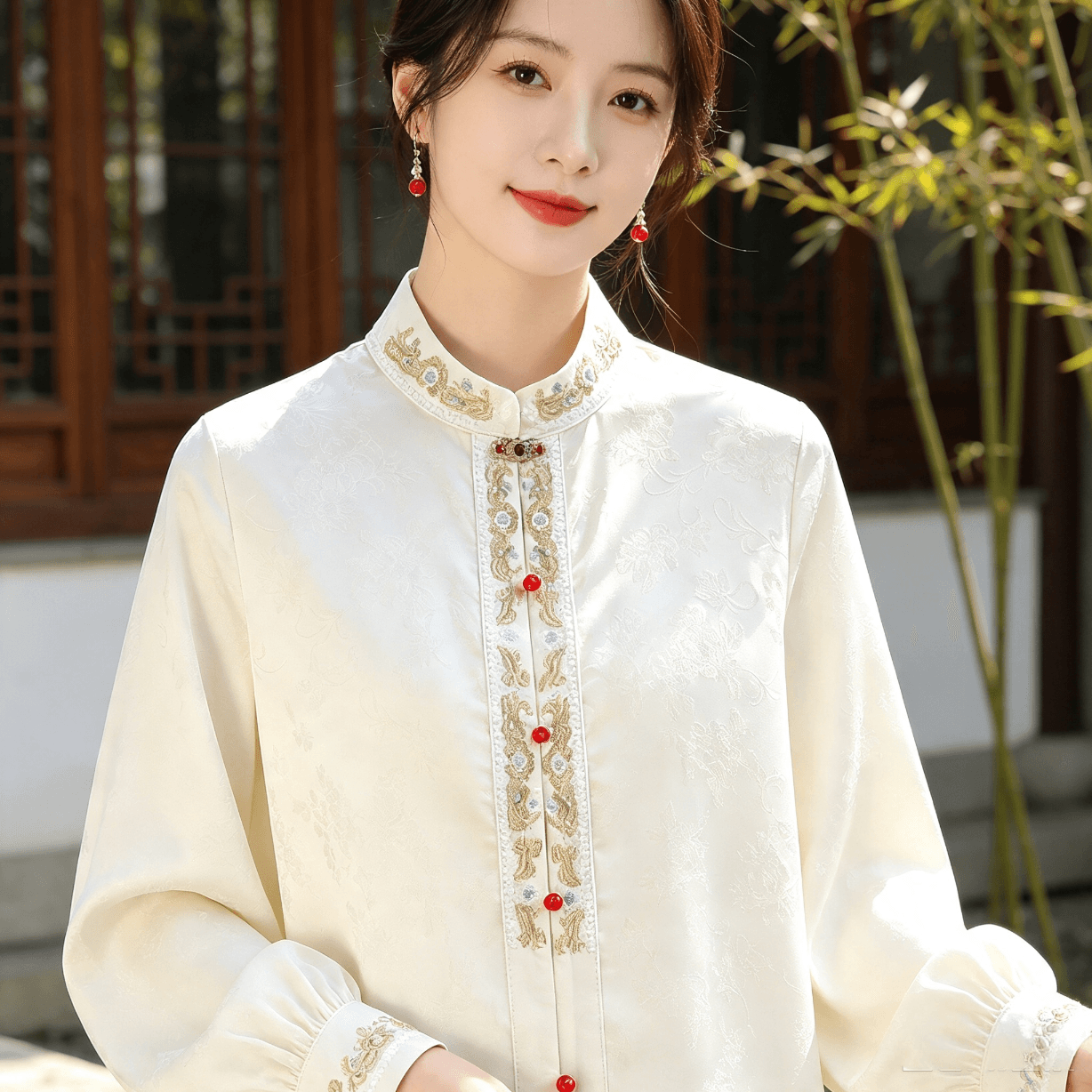 실사 새로운 중식 국풍 셔츠 프로 피부 새틴 어두운 꽃 자수 스탠드 칼라 높음 세트 시리즈 여성 셔츠 상세 이미지 1