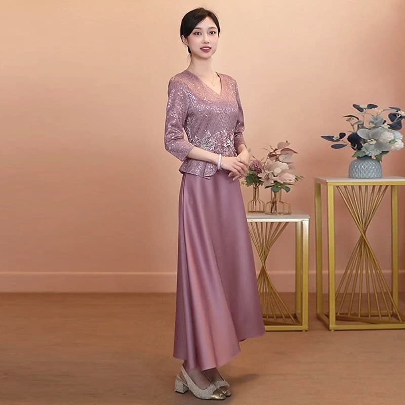 엄마 결혼 연회 예복 2026 새로운 V넥 보라색 중년 안녕하세요. 시어머니 결혼 연회 안녕하세요. 서비스 결혼 슬림해 보이는 드레스 이미지 3