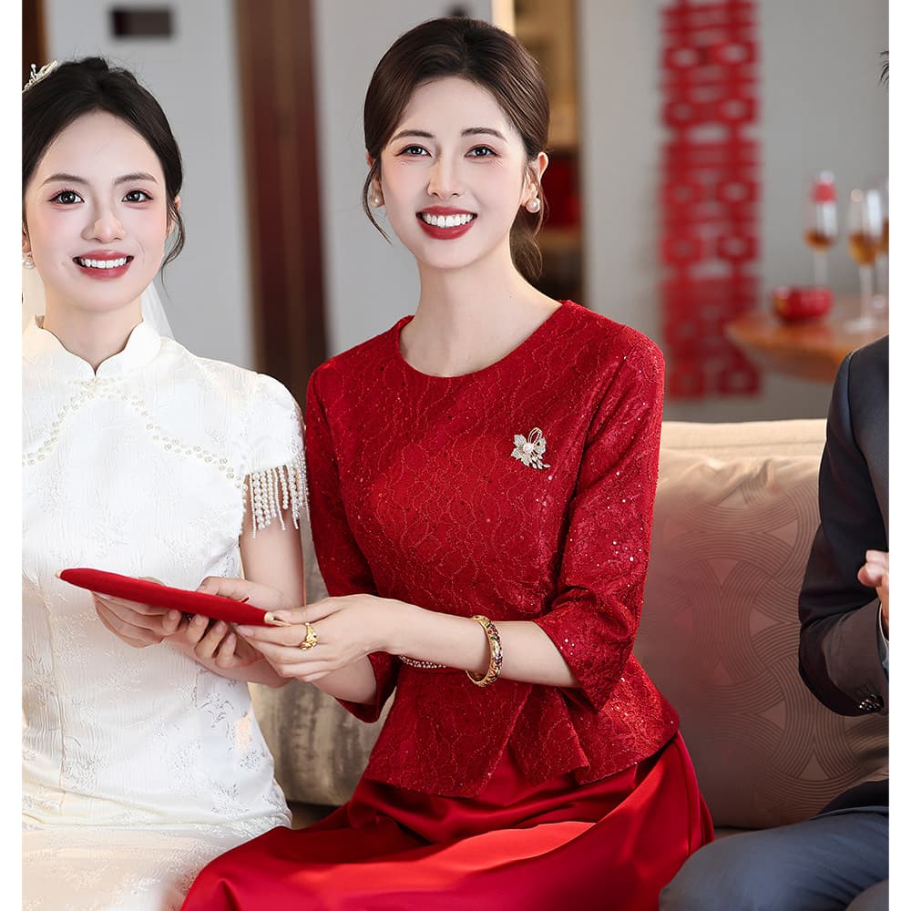 결혼 연회 안녕하세요. 엄마 예복 와인 레드 안녕하세요. 시어머니 결혼 결혼 연회 중년 엄마 고급 결혼식 드레스 상세 이미지 3
