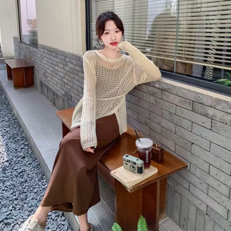 임산부 불규칙 인터넷 제직 홀로우 아웃 레이스업 니트 스웨터 수유 가을 한 부서 분위기 센스 착용 가져 가라. 루즈핏 투피스 세트