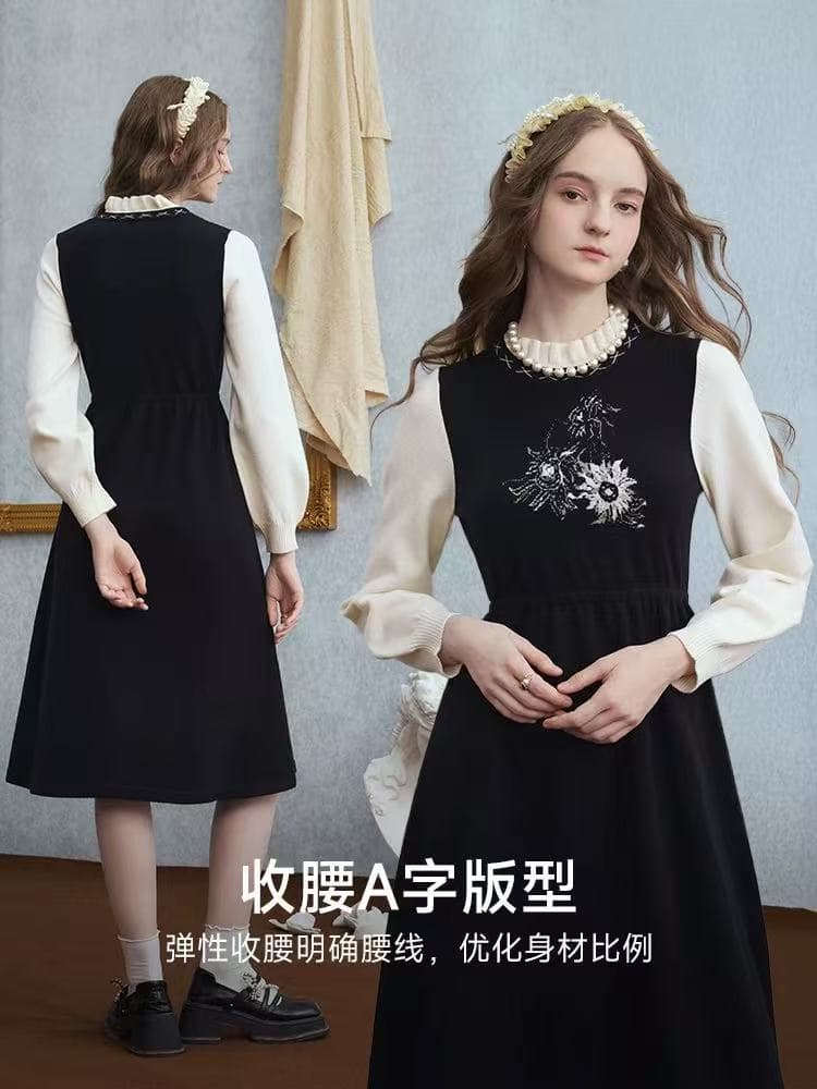 임산부 모유 수유 용 치마 가을 겨울 드레스 2026 새로운 패치워크 색상 페이크 레이어드 치마 검정색 긴팔 니트 원피스
