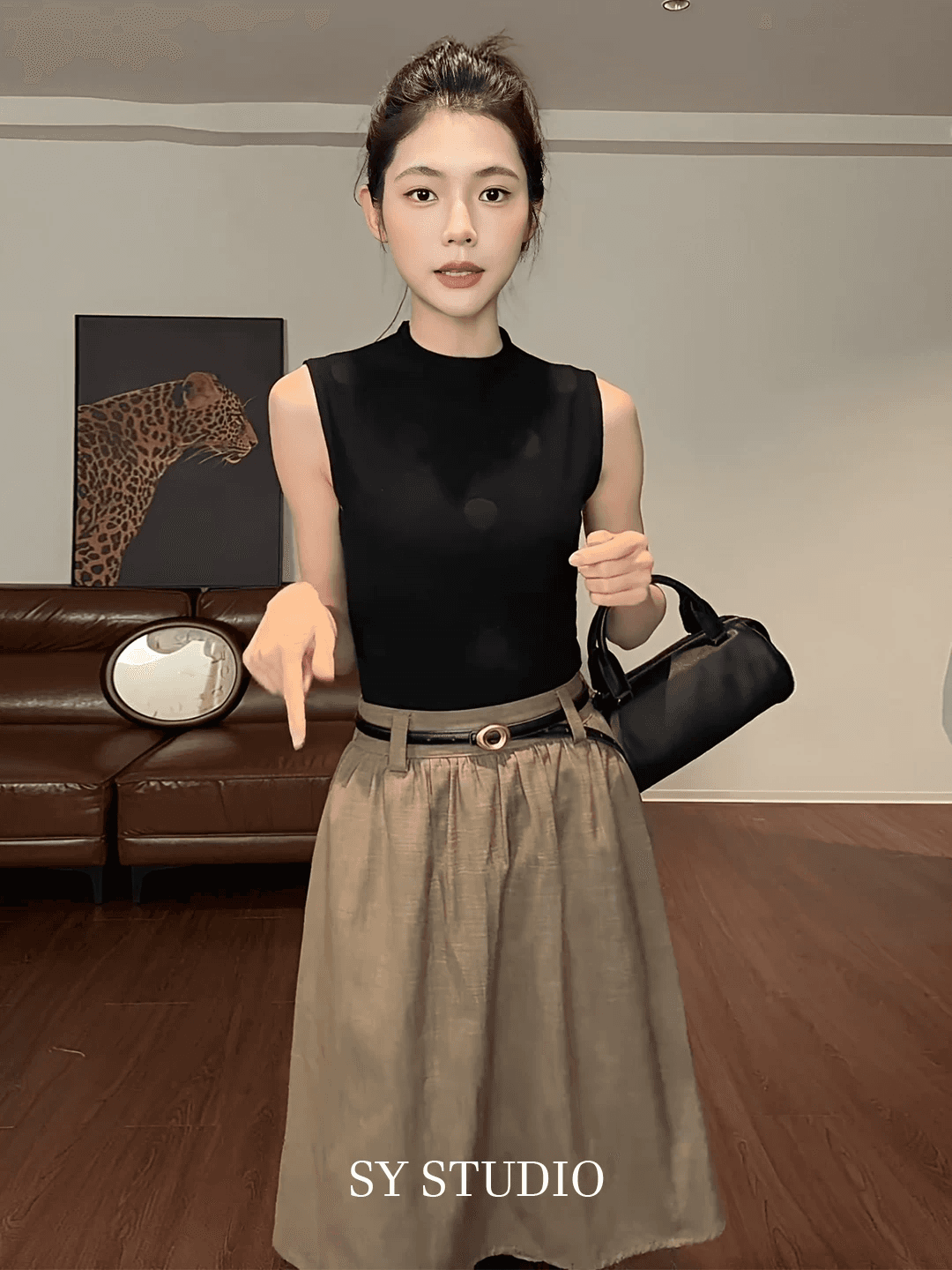 레트로 슬림해 보이는 허리밴드 커피 색상 반신 스커트 여성 여름 하이웨이스트 출퇴근 캐주얼 다용도 중간 길이 한 마디 우산 치마 상세 이미지 2
