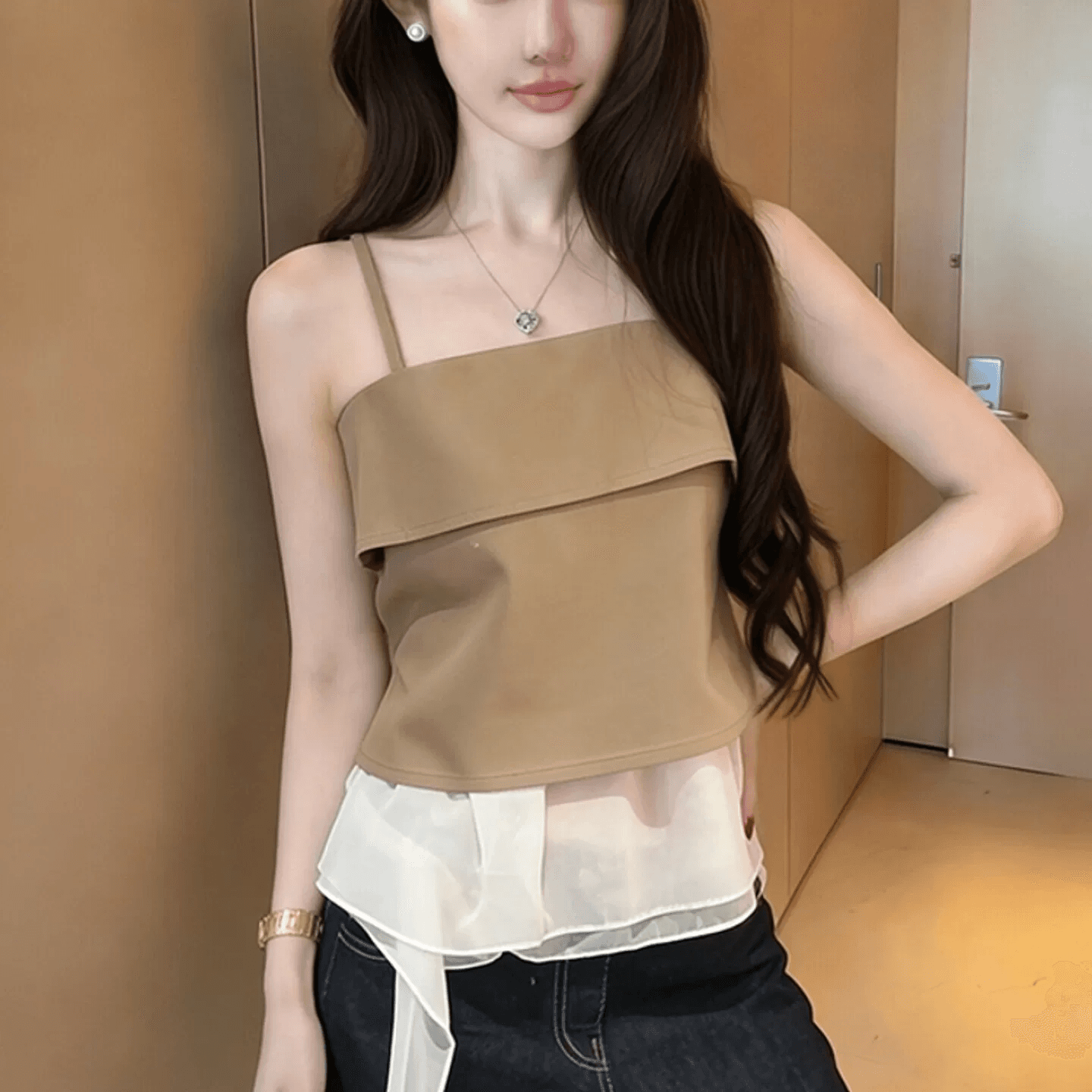 프랑스식 망사 패치워크 불규칙 리본 조끼 여성 여름 외출용 디자인 센스 작은 대중 고유 한 아름다운 슬립 맨위 상세 이미지 2