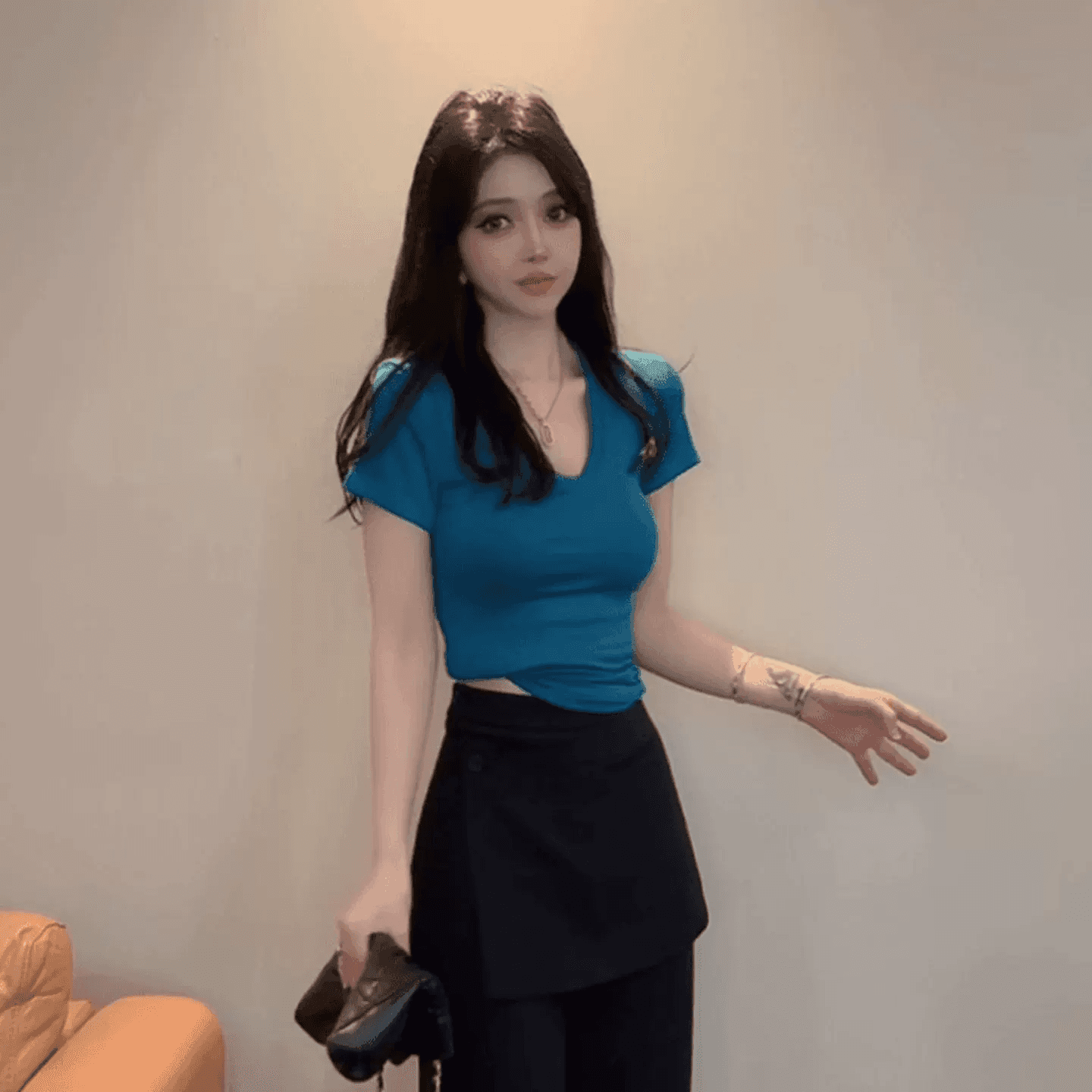 미니멀리즘 바람 핑크색 긍정적 인 어깨 u 칼라 반팔 티셔츠 여름 새로운 디자인 센스 꼬집기 허리 슬림해 보이는 단색 기초 섹션 맨위 상세 이미지 3