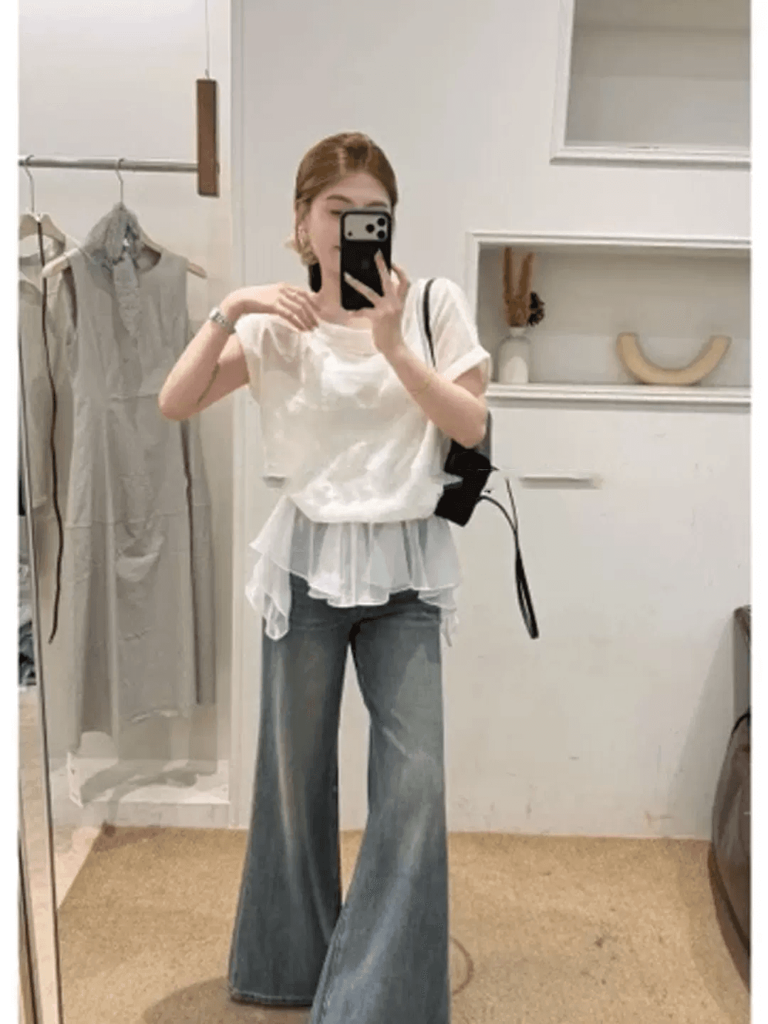 한 부서 부드러운 바람 반팔 티셔츠 여성 여름 페이크 레이어드 패치워크 프릴 밑단 슬림해 보이는 표지 고기 다용도 맨위
