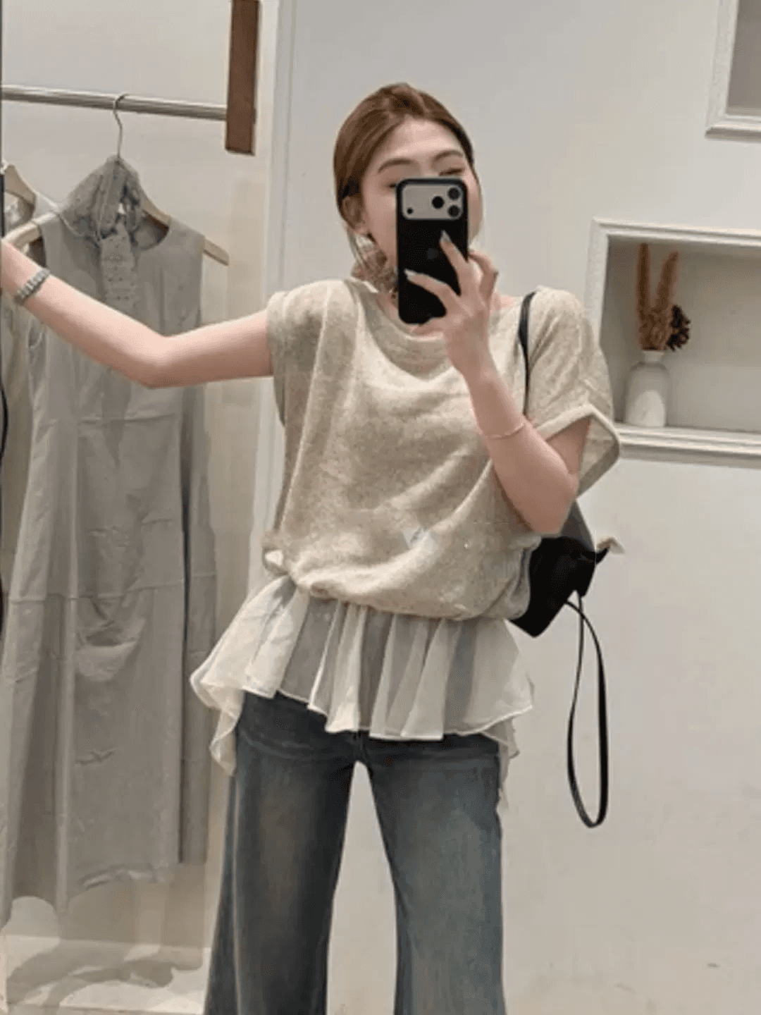 한 부서 부드러운 바람 반팔 티셔츠 여성 여름 페이크 레이어드 패치워크 프릴 밑단 슬림해 보이는 표지 고기 다용도 맨위 이미지 2