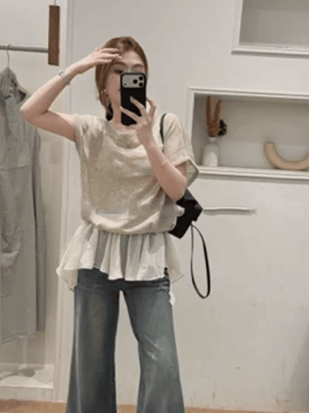 한 부서 부드러운 바람 반팔 티셔츠 여성 여름 페이크 레이어드 패치워크 프릴 밑단 슬림해 보이는 표지 고기 다용도 맨위 이미지 3