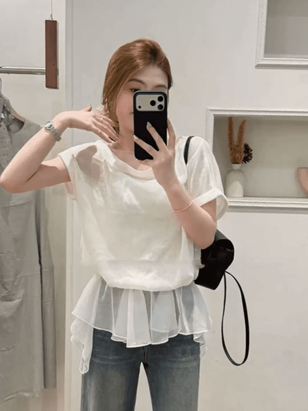 한 부서 부드러운 바람 반팔 티셔츠 여성 여름 페이크 레이어드 패치워크 프릴 밑단 슬림해 보이는 표지 고기 다용도 맨위 상세 이미지 4
