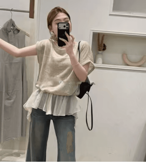 한 부서 부드러운 바람 반팔 티셔츠 여성 여름 페이크 레이어드 패치워크 프릴 밑단 슬림해 보이는 표지 고기 다용도 맨위 상세 이미지 5