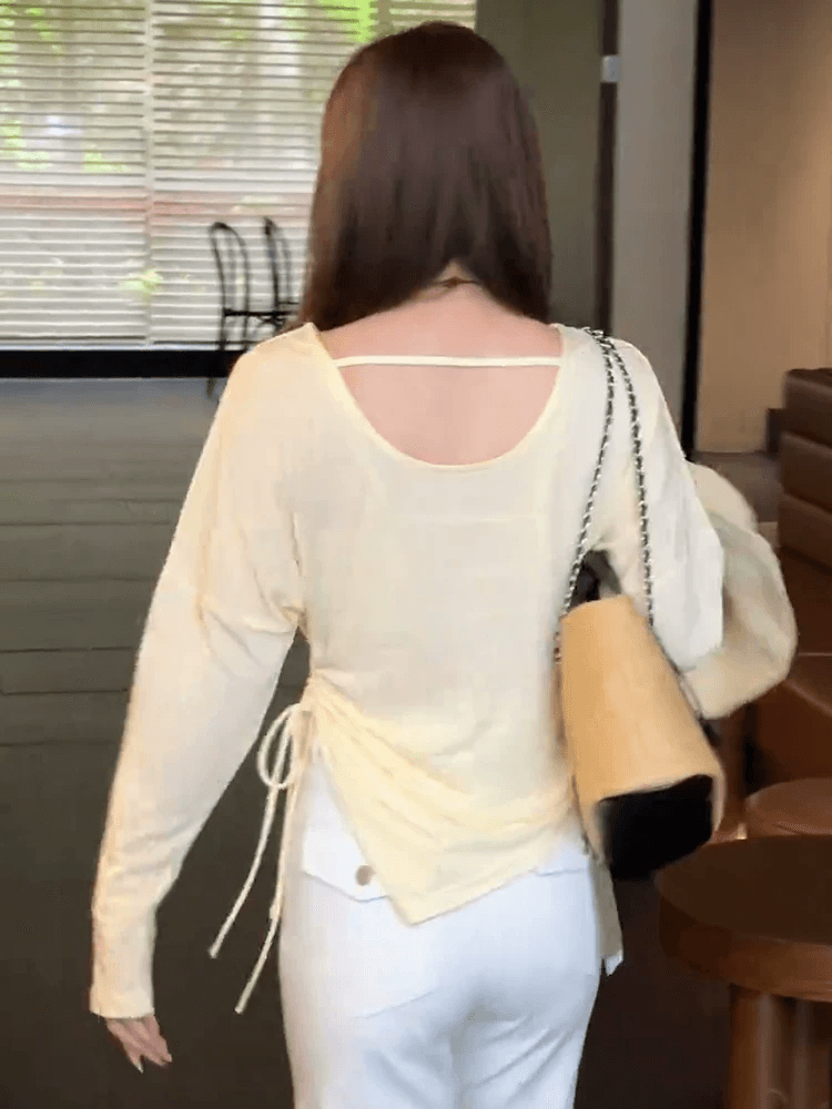 부드러운 바람 양성 및 음성 양면 착용 긴팔 티셔츠 여성 2026 여름 새로운 디자인 센스 패션 고유 한 Chic 맨위 이미지 2