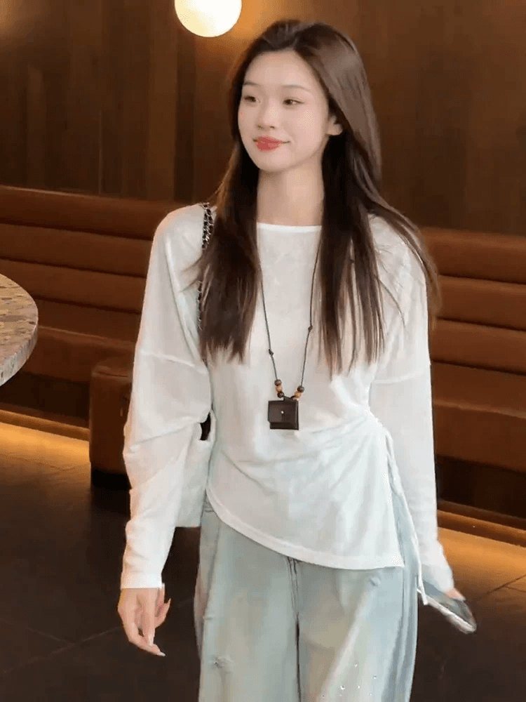 부드러운 바람 양성 및 음성 양면 착용 긴팔 티셔츠 여성 2026 여름 새로운 디자인 센스 패션 고유 한 Chic 맨위 이미지 4