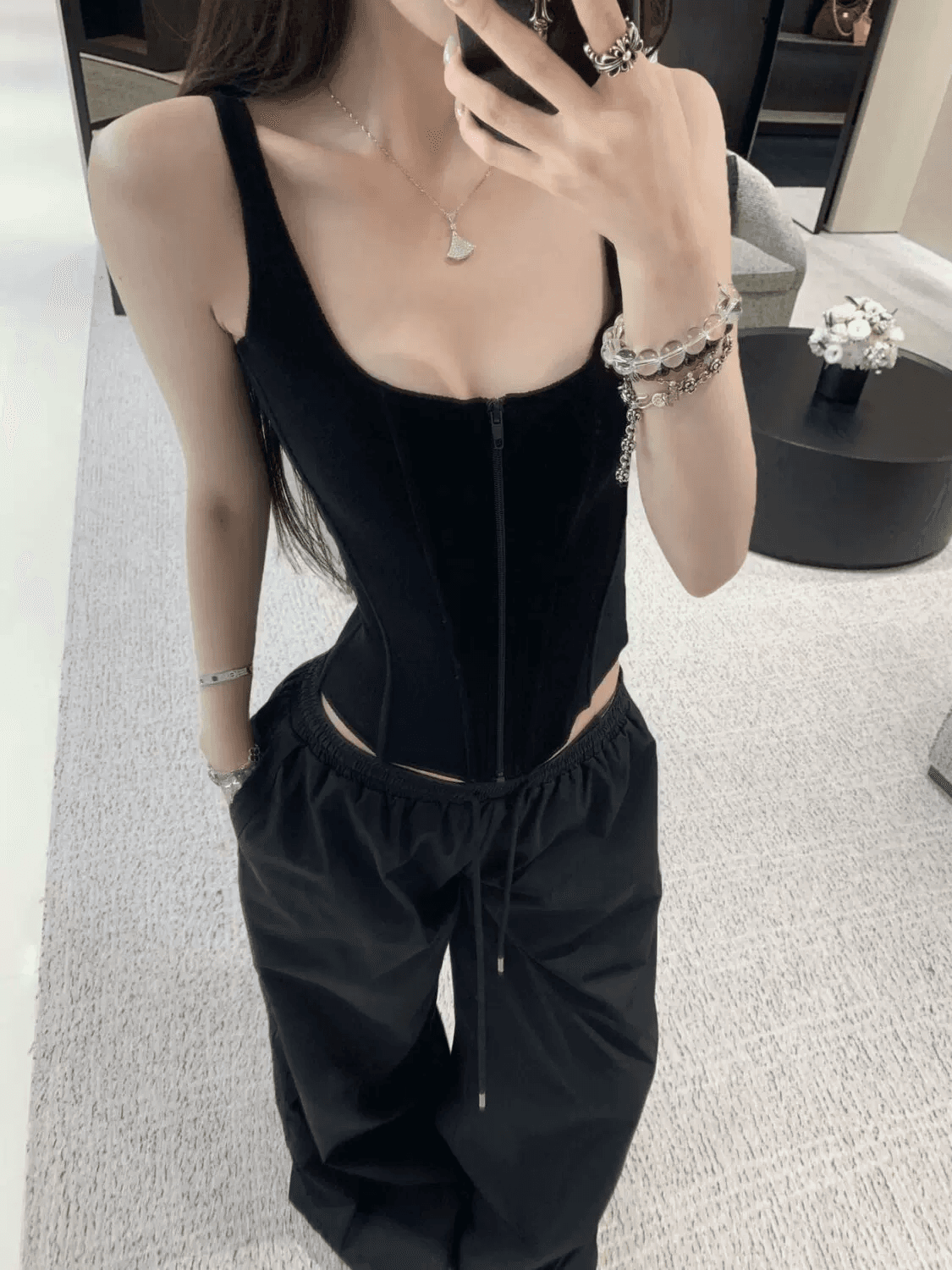 검정색 지퍼 허리 코르셋 여성 외출용 플라스틱 몸 캐미솔 여름 새로운 핫걸 바람 슬림해 보이는 다용도 맨위