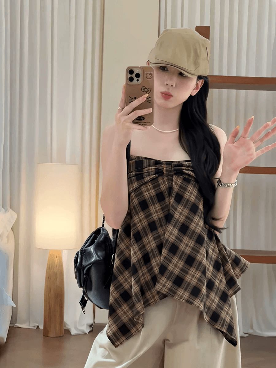 한 부서 작은 키 레트로 스타일 체크무늬 캐미솔 2026 여름 새로운 패션 품격 트렌드 섹션 맨위