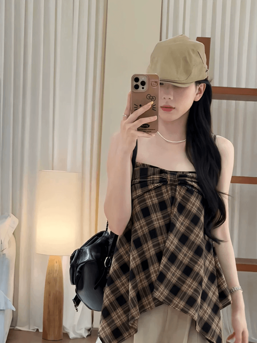 한 부서 작은 키 레트로 스타일 체크무늬 캐미솔 2026 여름 새로운 패션 품격 트렌드 섹션 맨위 상세 이미지 3