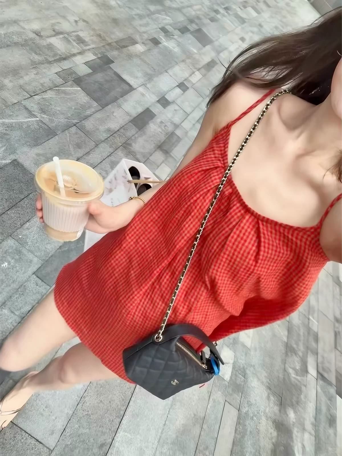 한 부서 작은 키 패션 외국 가스 작은 대중 캐주얼 다용도 고유 한 체크무늬 슬립 드레스 허리 수축 슬림해 보이는 치마