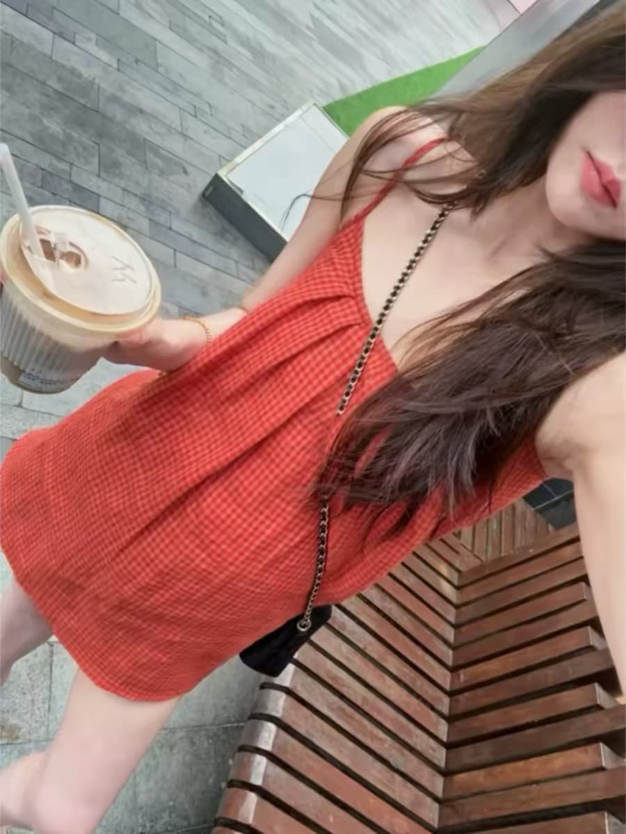 한 부서 작은 키 패션 외국 가스 작은 대중 캐주얼 다용도 고유 한 체크무늬 슬립 드레스 허리 수축 슬림해 보이는 치마 이미지 2