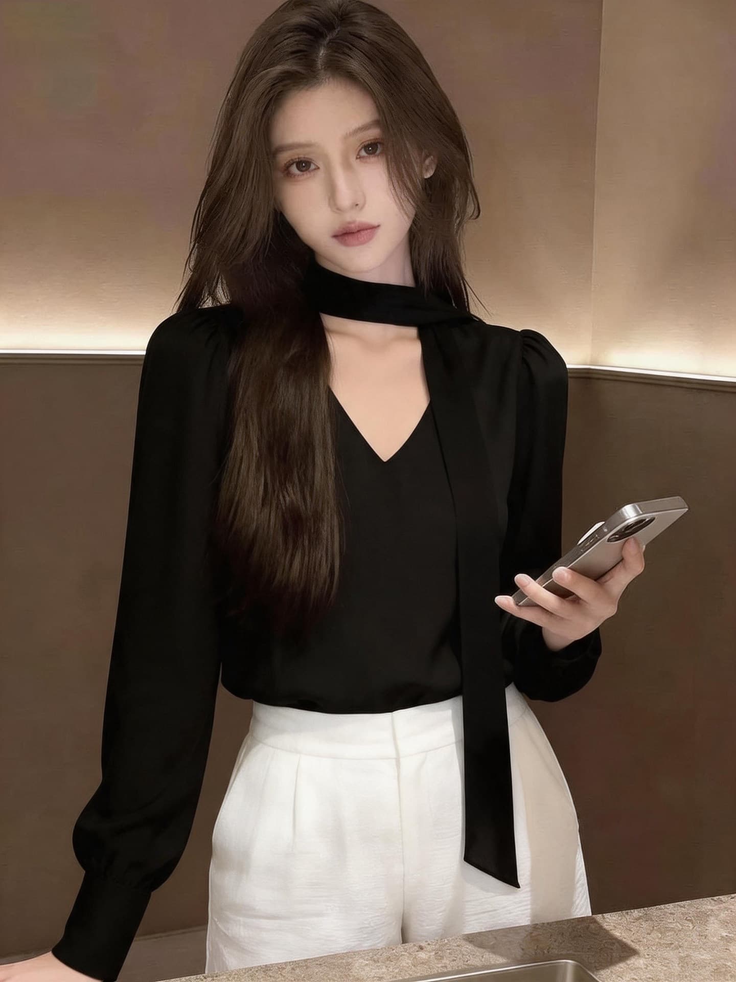 프랑스식 행침 목 리본 V넥 여성 셔츠 봄 가을 작은 키 디자인 센스 셔츠 경력 출퇴근 긴팔 맨위 상세 이미지 3