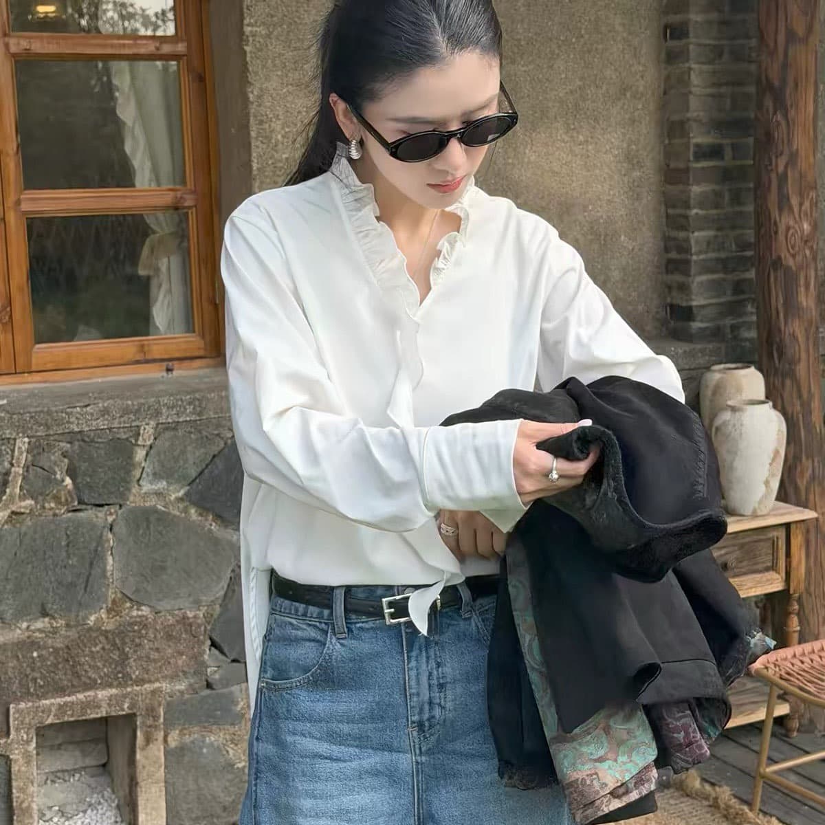 오래된 화이트 흰색이 아님 바로크 가을 새로운 쑥 섬유 혼방 프릴 V 넥 셔츠 l