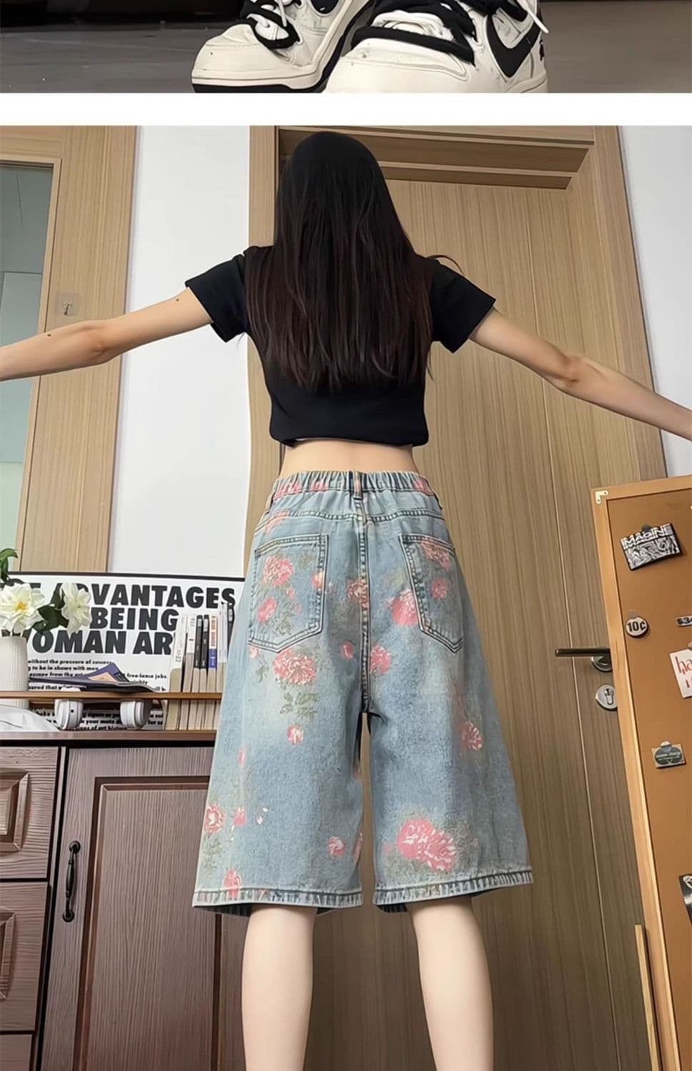 여름 중성 꽃무늬 찢어진 부분 데님 반바지 남녀 루즈핏 다용도 커플 아메리칸 높음 거리 스트레이트 5 점 바지 상세 이미지 11
